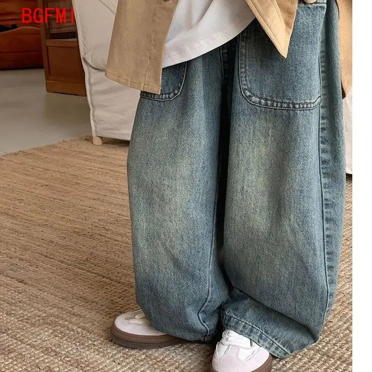 Salopette en jean coréenne pour enfants printemps automne décontractée, pantalon en jean large, jean large pour enfants, pantalon ample streetwear
