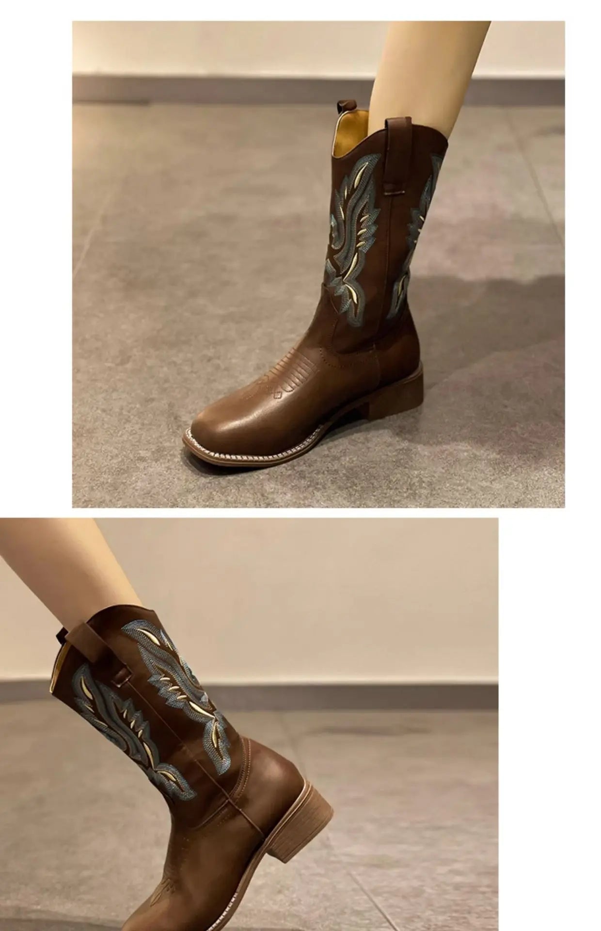 Versatile Western Cowboy Boots Summer Coarse Heel Embroidered Sleeve Knight Boots Mid Barrel Square Head Horseshoe Large