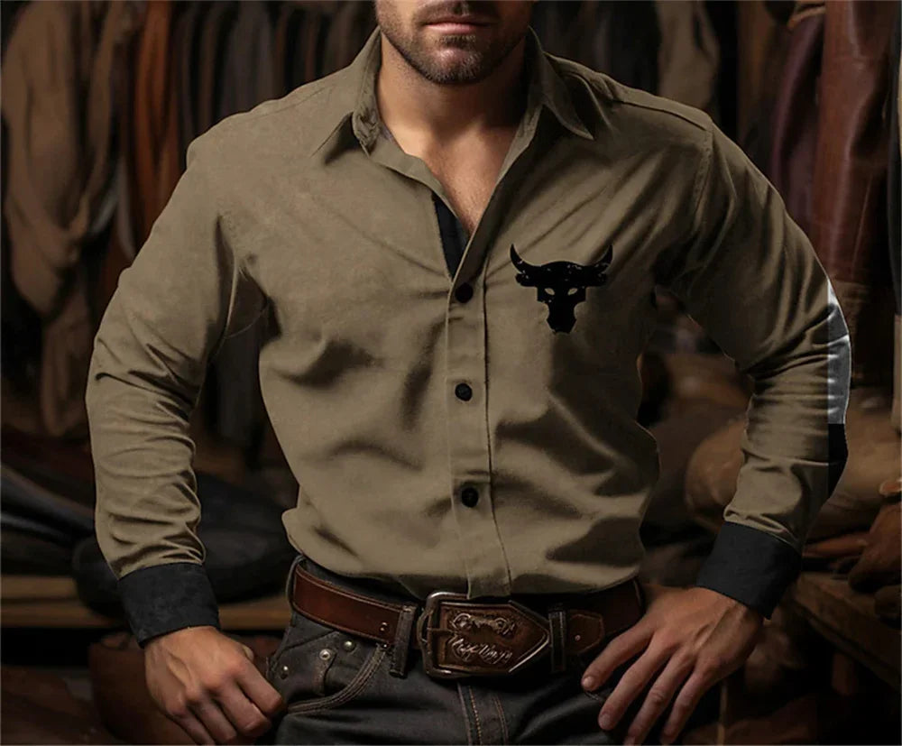 Western Cowboy Flower Printed Long Sleeve Shirt for Spring and Summer Comfortable Soft Fabric Party Men's Collar Shirt