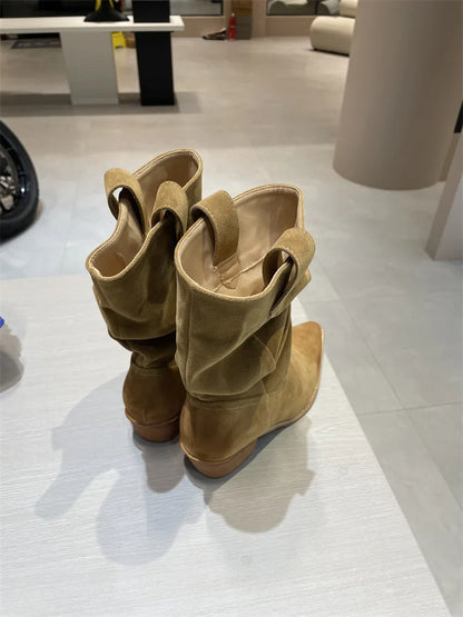 New Fashion Western Cowboy Boots Pointed Pleated V-mouth Thick Heel Medium Tube Short Boots