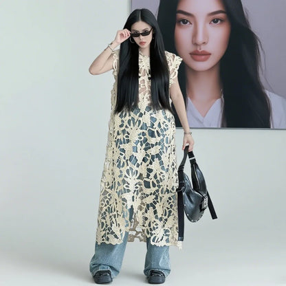 [EWQ] Chic belle Robe européenne à la mode femmes vêtements crochet à motifs découpe Robe sans manches Robe noire 2025 été nouveau