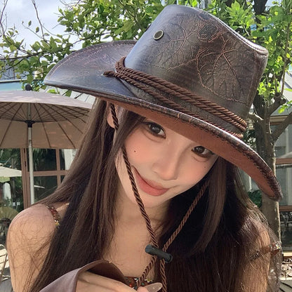 Chapeau de Cowboy occidental de Style ethnique Punk, chapeau de Jazz en Polyester à bord en rouleau, casquette à visière de couleur unie noir/marron pour l'extérieur