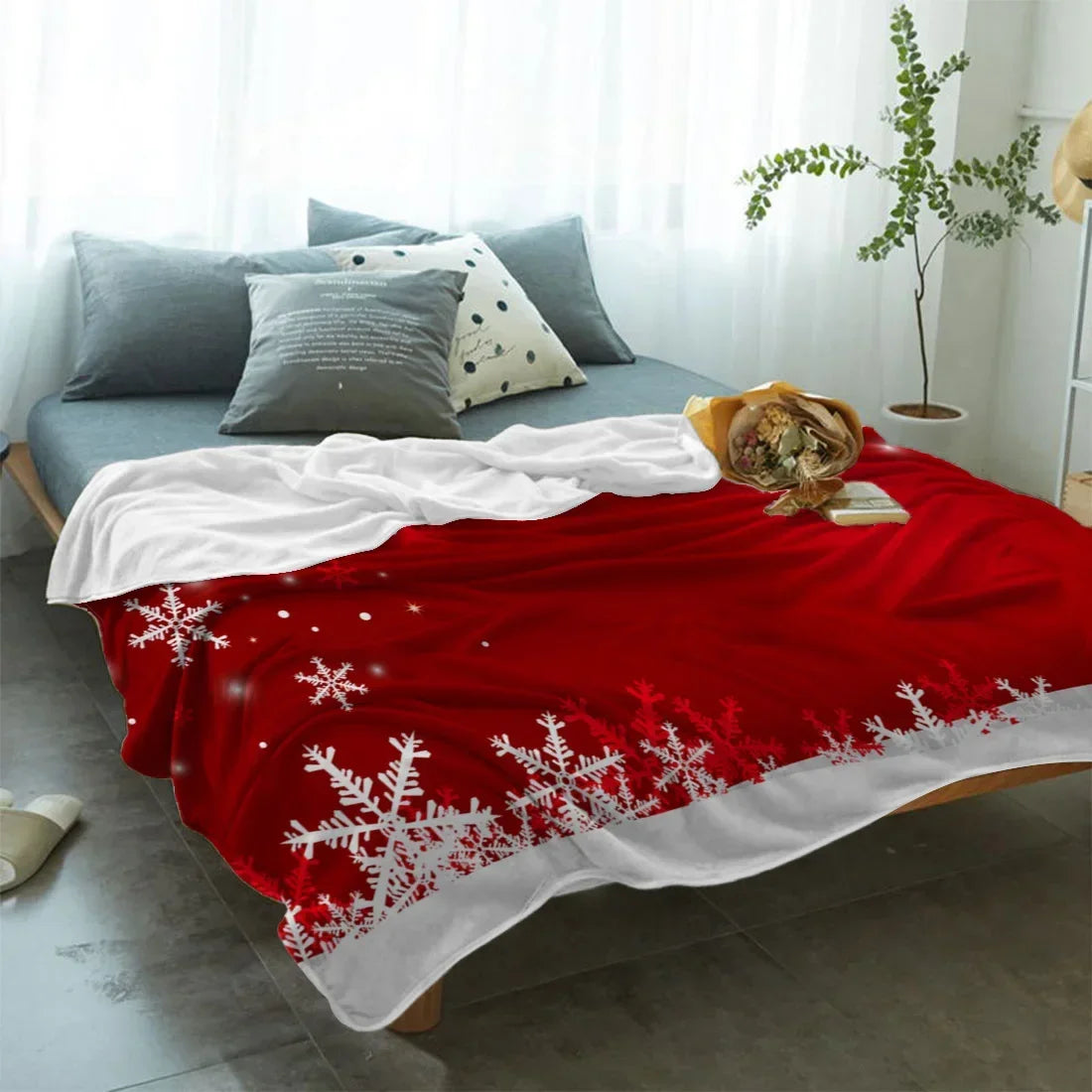 Christmas Snowflake Red Throw Blanket Portable Warm Blanket Blankets For Beds Home Decor Sofa Blanket