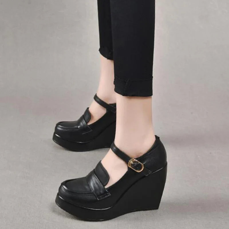 GKTINOO 2025 Compensées Chaussures Femme Printemps Automne À Enfiler Talons Hauts Bout Rond Cuir Véritable Décontracté Plateforme Dames Chaussures Femme