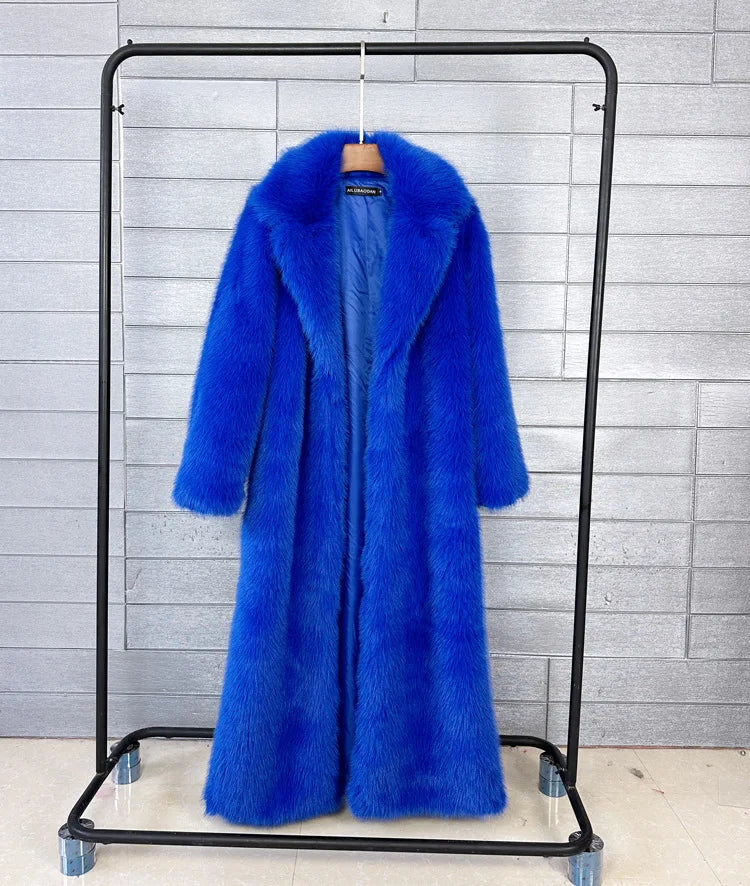 Manteau long en fausse fourrure pour femmes, automne hiver, grande taille, col rabattu blanc, poches, épais et chaud, manteau long maxi