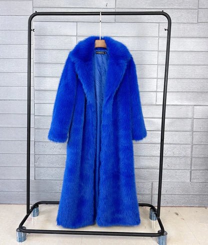 Manteau long en fausse fourrure pour femmes, automne hiver, grande taille, col rabattu blanc, poches, épais et chaud, manteau long maxi