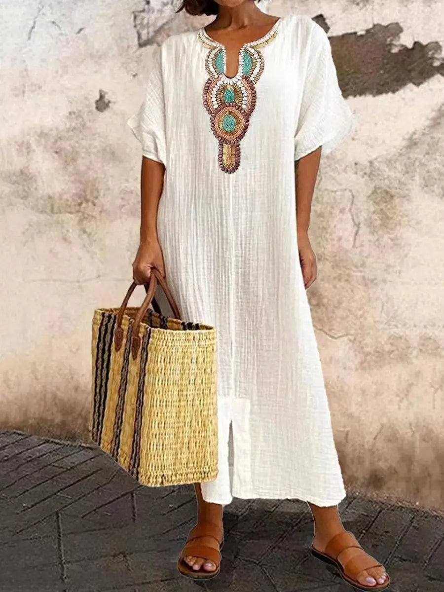 Embroidered Fashion O-Neck Short Sleeve Women Dresses Summer New Casual Unique Slit Dress Elegant Female Vacation Dress Robe