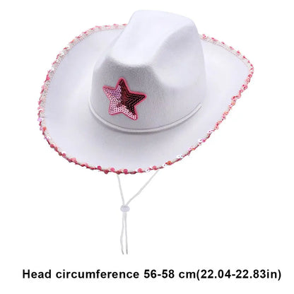 White Cowgirl Hat, Pink Star Cowgirl Hat with Sequin Trim, Fringe, Adjustable Neck, Drawstring, Adult Cowboy Hat for Costume Party