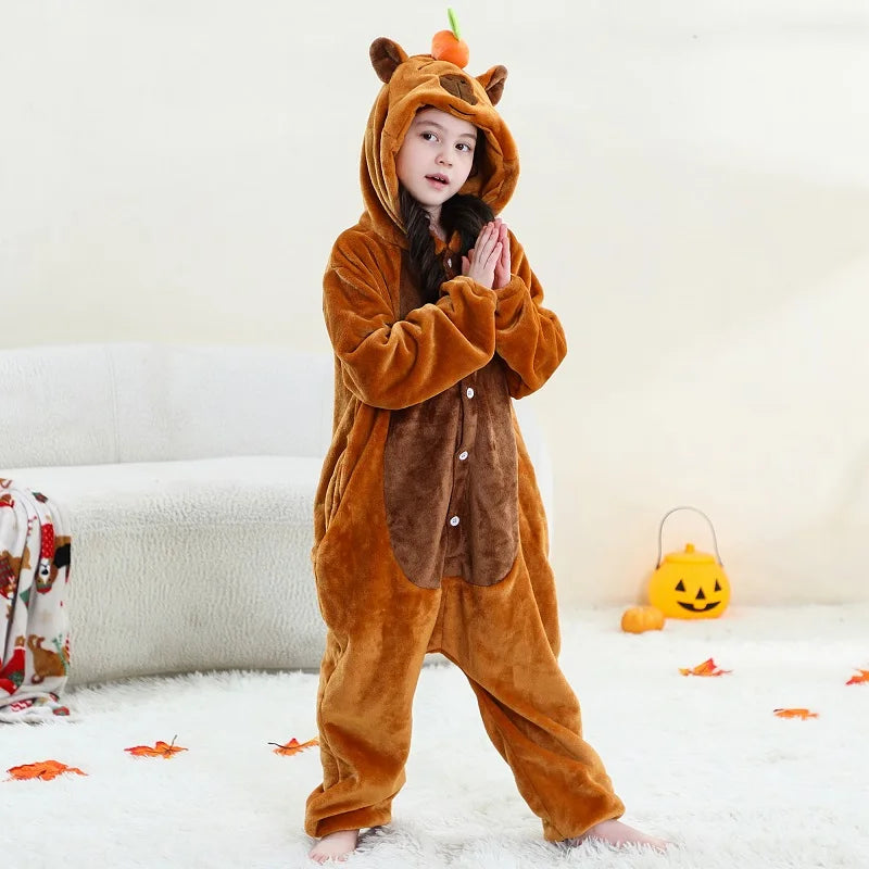 MICHLEY – Combinaison à capuche en flanelle motif Capybara pour enfant, pyjama, grenouillère, déguisement pour Halloween, pour garçon et fille