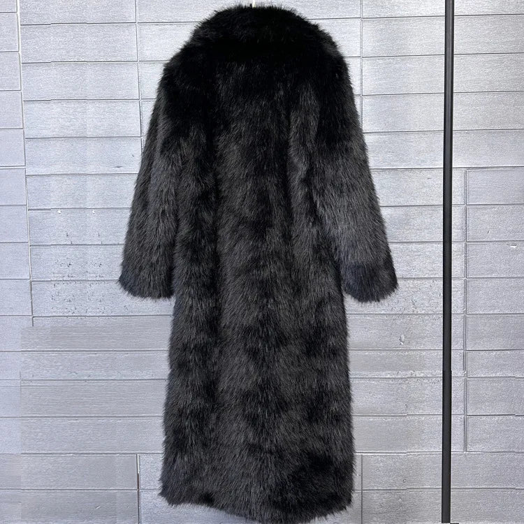 Manteau long en fausse fourrure pour femmes, automne hiver, grande taille, col rabattu blanc, poches, épais et chaud, manteau long maxi