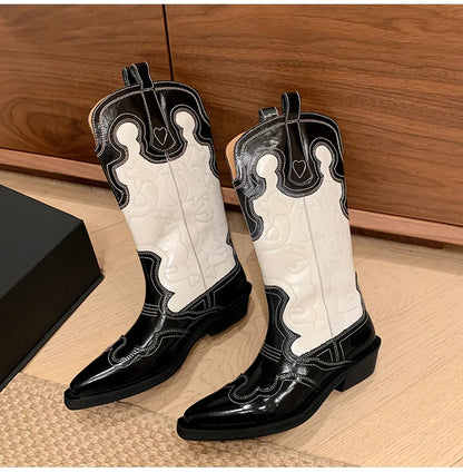 Ods Cowboy Western Boots For Women Real Leather Embroidered Pointed Toe Mid-calf Western Boot Retro Fashion Casual High Quality