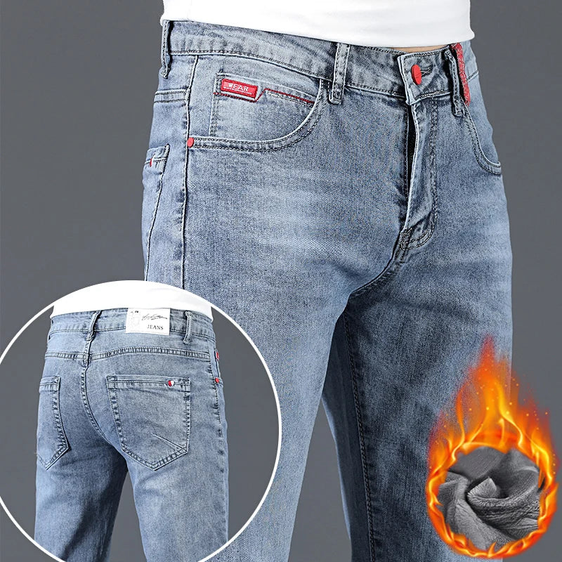 Jean skinny homme polaire hiver chaud uni coréen tendance slim pantalon denim homme épaissi extensible coupe crayon vêtements homme