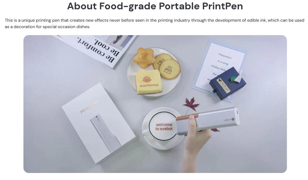 Evebot Food-grade Portable PrintPen Handheld Inkjet Printer Specifically for Food Surfaces Perfect for Coffee Macaron Cakes