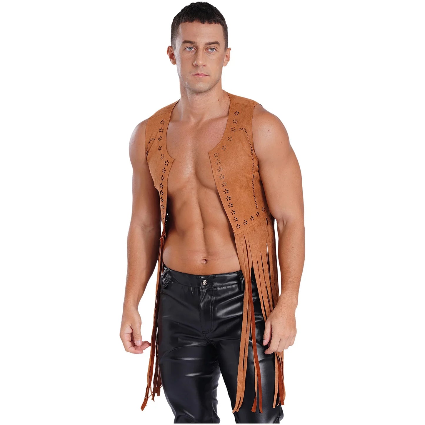 Gilet de costume de cosplay cow-boy occidental pour hommes, gilet hippie disco années 60, en faux daim, avec pompons, cardigan pour fête costumée d'Halloween ou de carnaval
