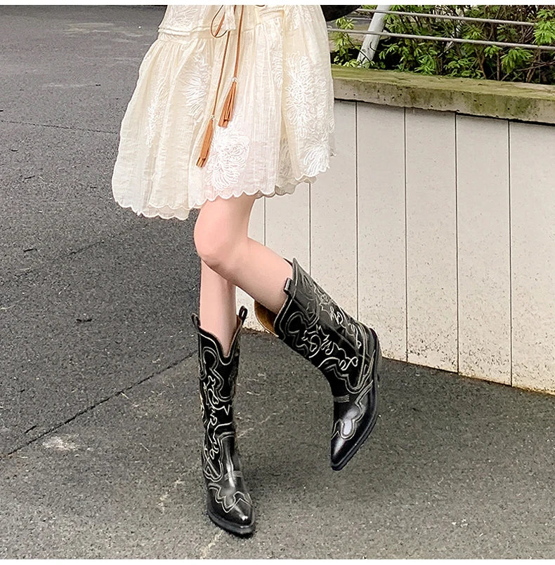 Ods Cowboy Western Boots For Women Real Leather Embroidered Pointed Toe Mid-calf Western Boot Retro Fashion Casual High Quality