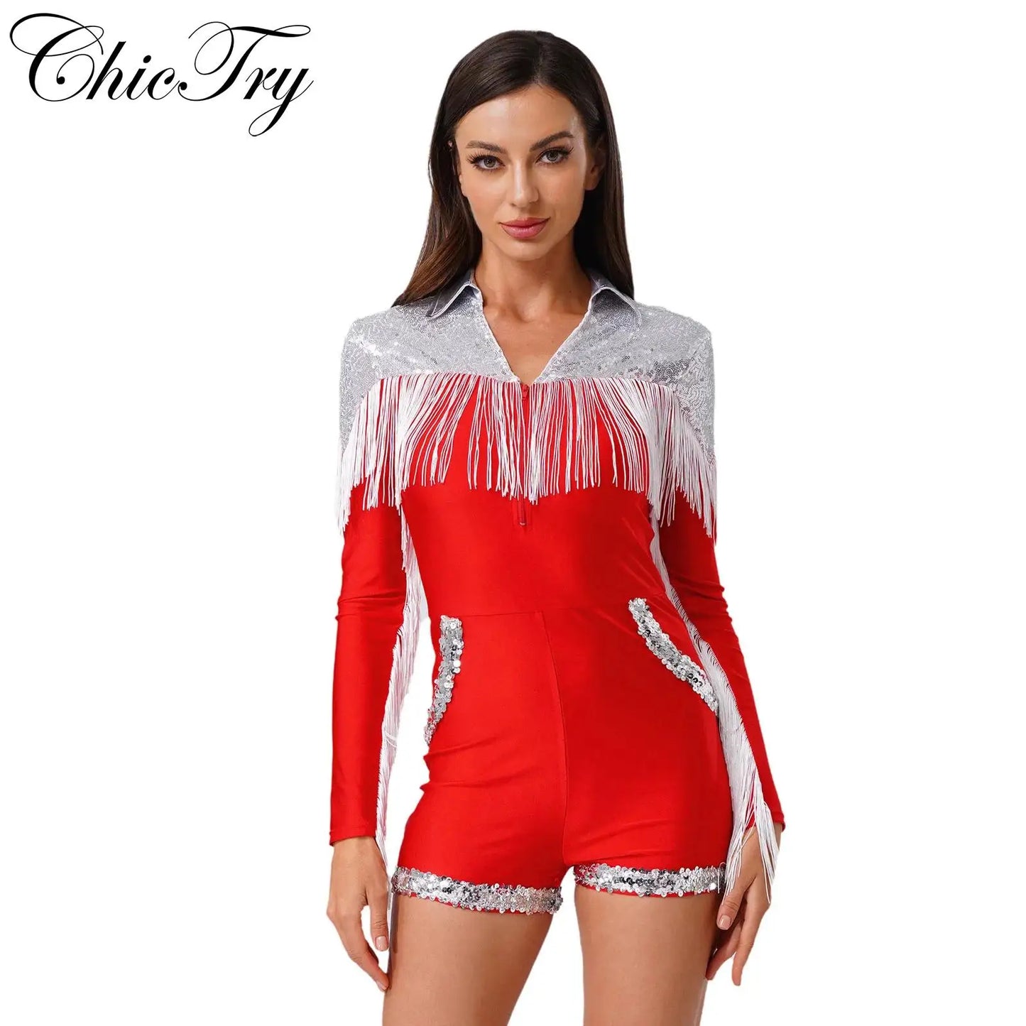 Combishort de Cowgirl occidentale pour femme - Costume d'Halloween de Cosplay, manches longues, franges, short de garçon, barboteuse, tenue de danse Disco des années 70 et 80
