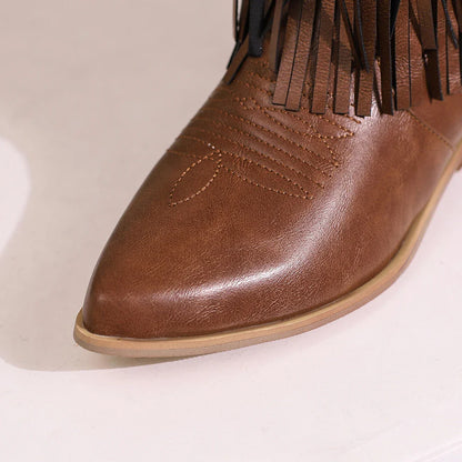 Bottes de cowboy pour femmes, brodées, à glands, talons épais, bout pointu, roses, de style western, bottes compensées sans lacets pour femme