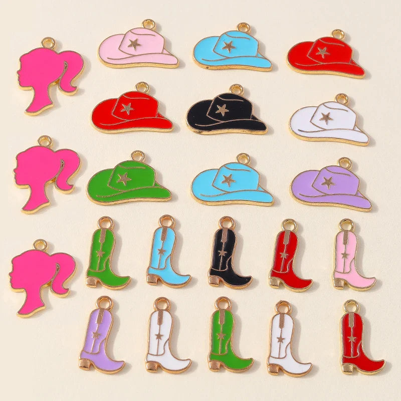 Leslie 10 pièces jolies filles bottes de cowboy et chapeau breloques pendentifs pour la fabrication de bijoux collier boucles d'oreilles bricolage Cowgirl chapeau charme cadeaux