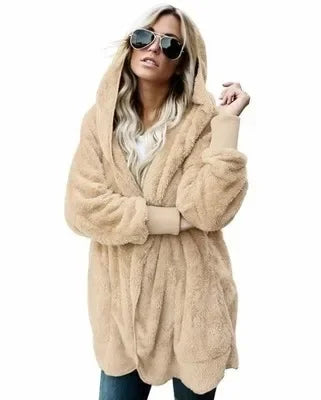 Winter Double Fleece Cardigan Jacket Autumn Women Solid Color Long Sleeve Plush Warm Hooded Lady Jacket Oversized Outerwear Coat