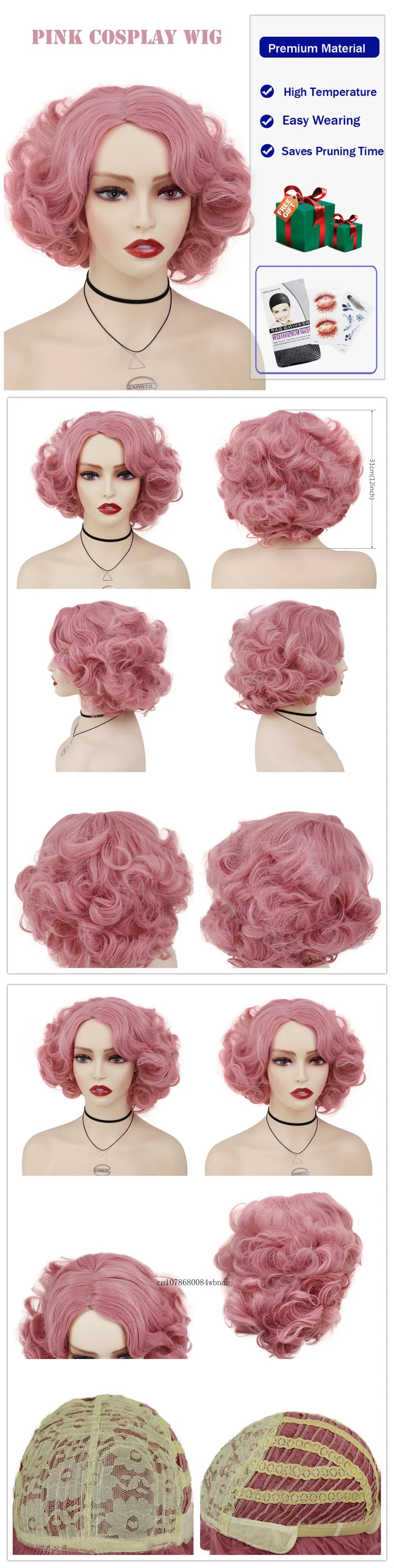 Synthetic Hair Pink Short Curly Wig for Women Big Wavy 80s Cosplay Wigs Halloween Costume Harajuku Anime Wig Natural Looking