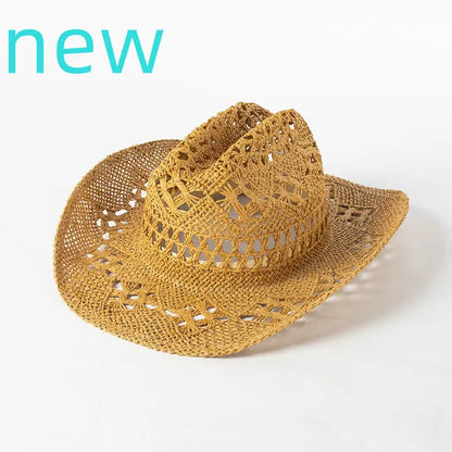 Chapeau de paille de cowboy vert matcha, tissé à la main, creux, pour hommes et femmes, chapeau de soleil d'été, chapeau de paille de cowboy occidental