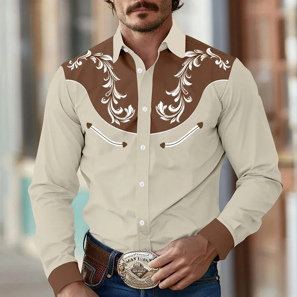 Western Cowboy Flower Printed Long Sleeve Shirt for Spring and Summer Comfortable Soft Fabric Party Men's Collar Shirt