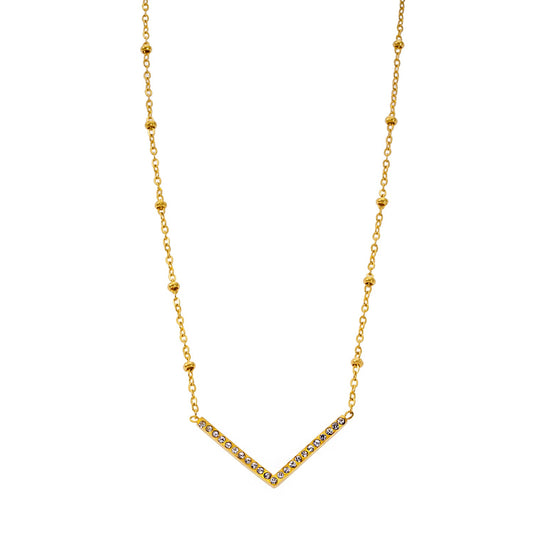 SANITA : Collier fin à maillons perlés orné d'un pendentif en forme de « V » incrusté de zircons
