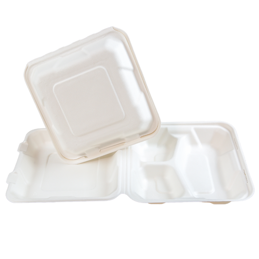 Barquette alimentaire en canne à sucre 8" x 8" x 3" - 3 compartiments.