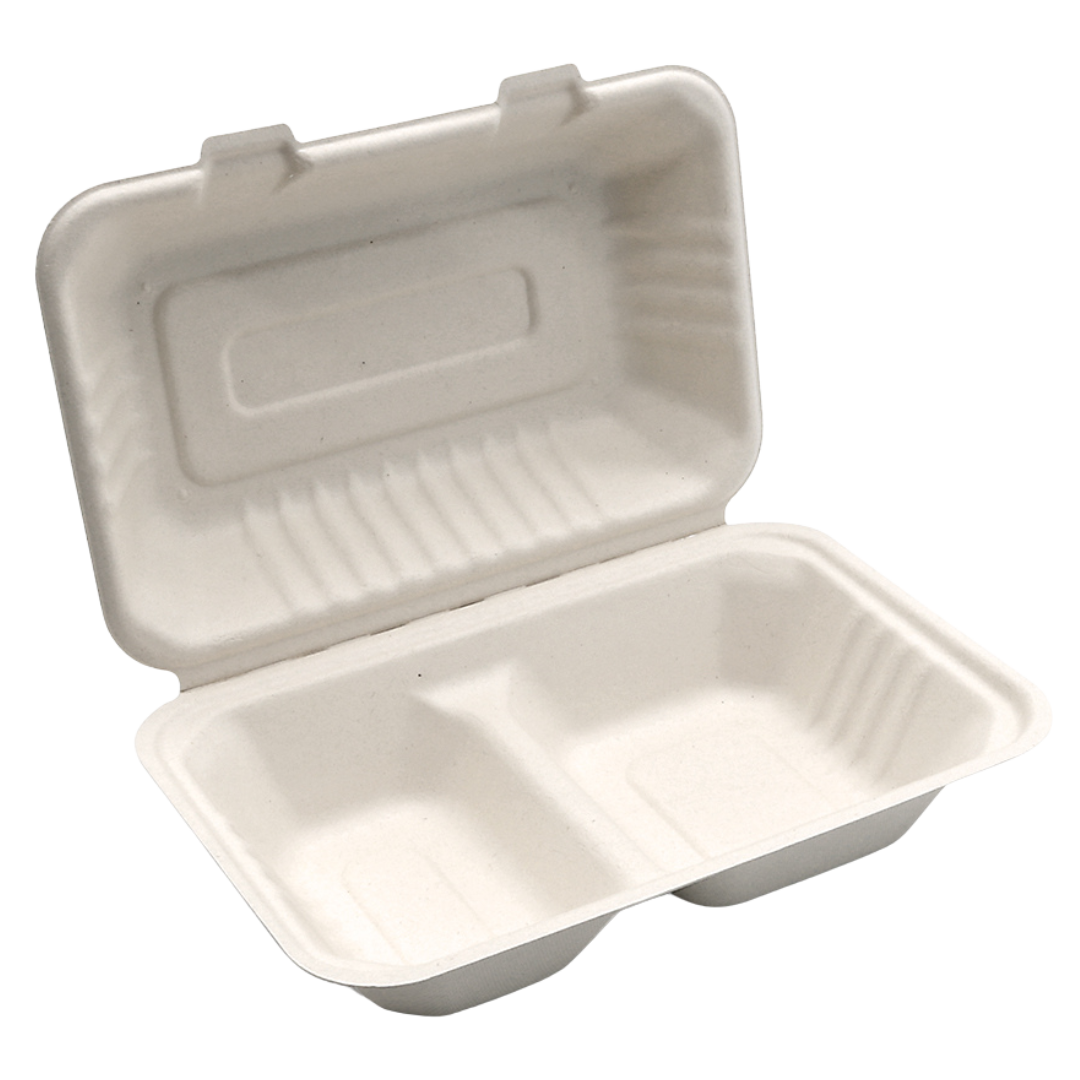 9" x 6" x 3" Sugarcane Take-Out Container - 2-Comp.