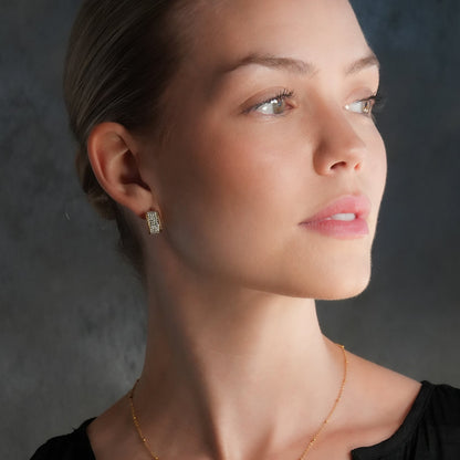 SHEERAN Gold: Quadruple-Row Pavé Zirconia (CZ) Hoop Stud Earrings with Ornate Border