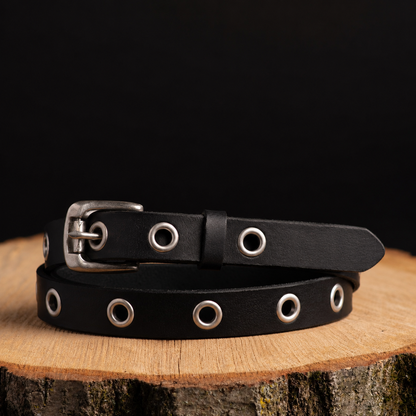 Exene - Slim Black Leather Belt with Single Grommets - Made in Canada