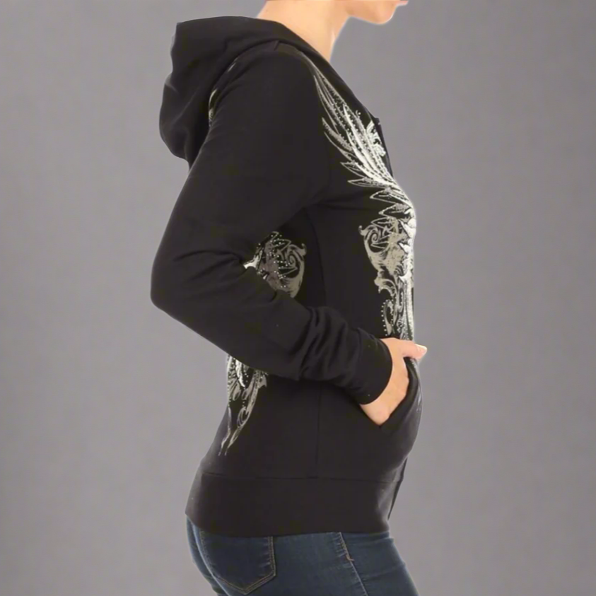 Women's Rhinestone Skull Wing Hoodie