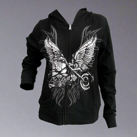 Sweat à capuche moto avec ailes et strass pour femme