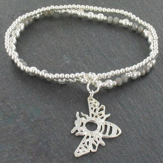 Bracelet double rang avec pendentif abeille en plaqué argent