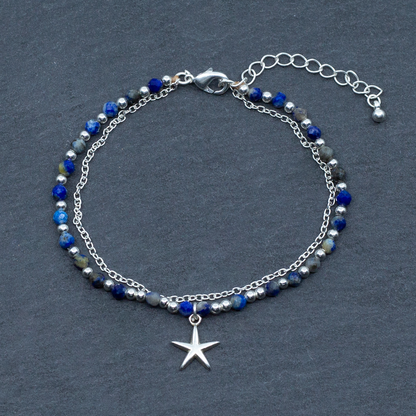 Blue Crystal Cham Bracelet In Silver Plate