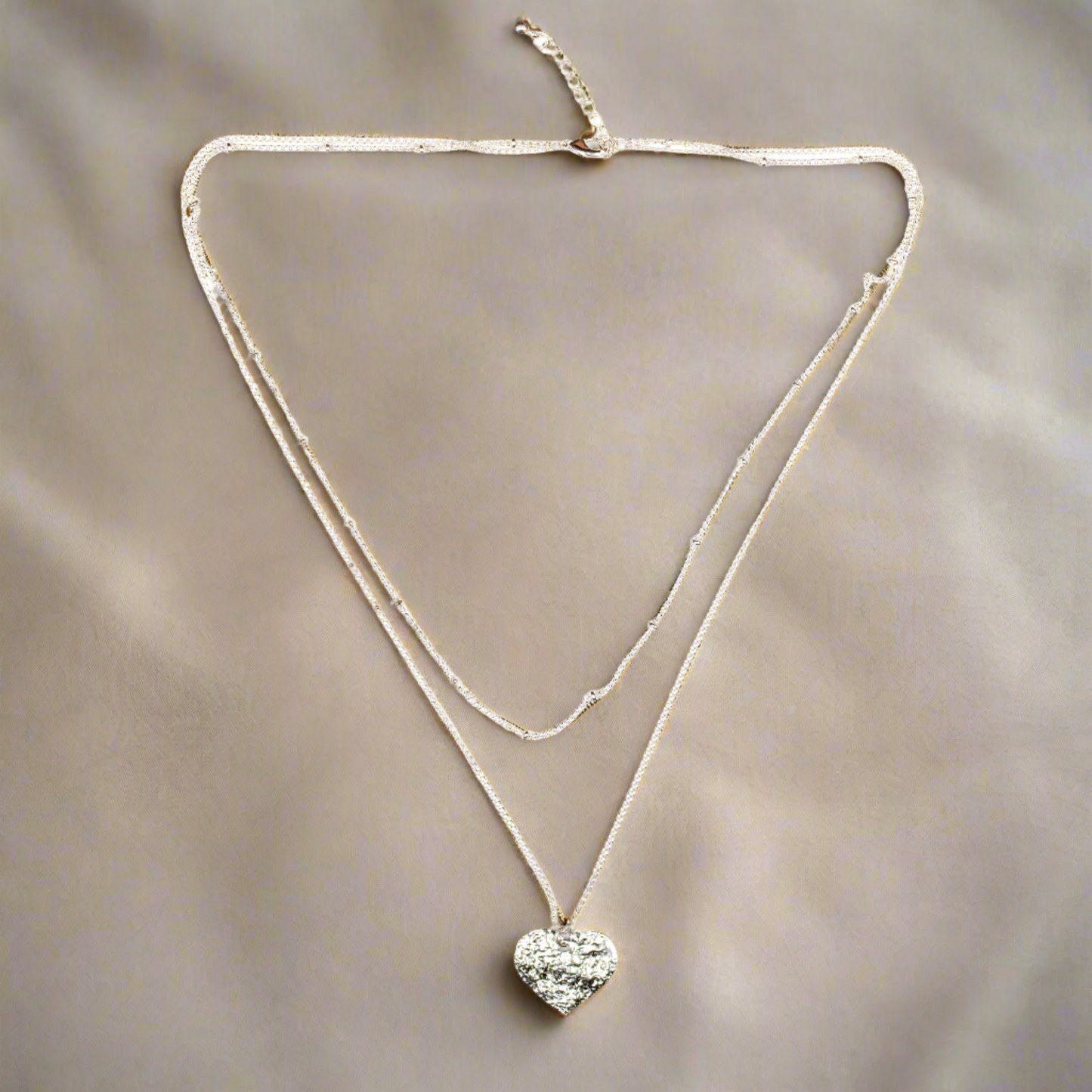 Double Strand Heart Necklace - Silver Plate