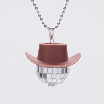 1Pcs Pink Cowgirl Cowboy Hat Disco Ball Neckalace 80s Silver Mirror Balls Pendant for Wedding Birthday Party Favors Decoration