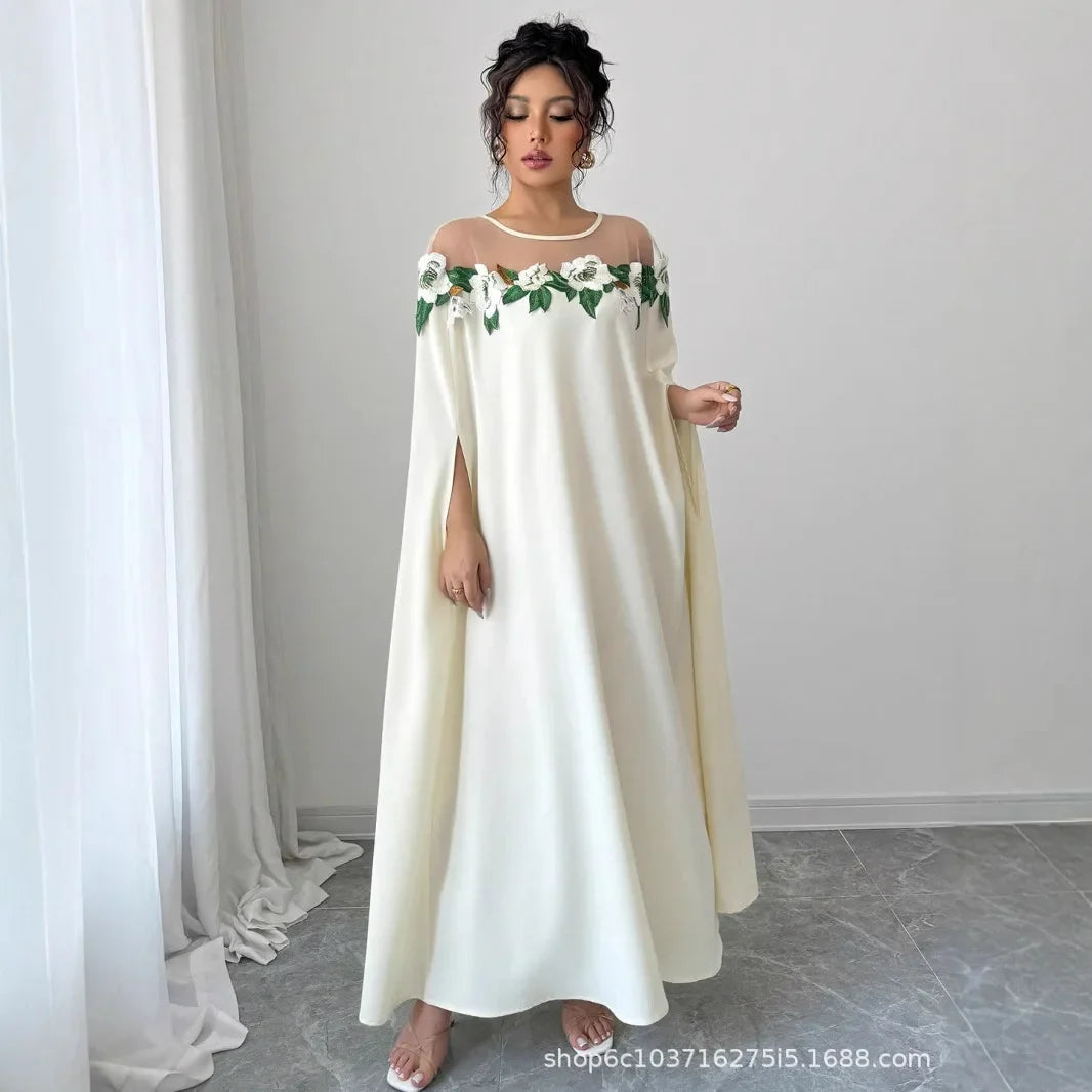 Robe longue de soirée élégante, à la mode, Chic, décoration florale, couleur unie, tempérament de printemps, robe longue ample