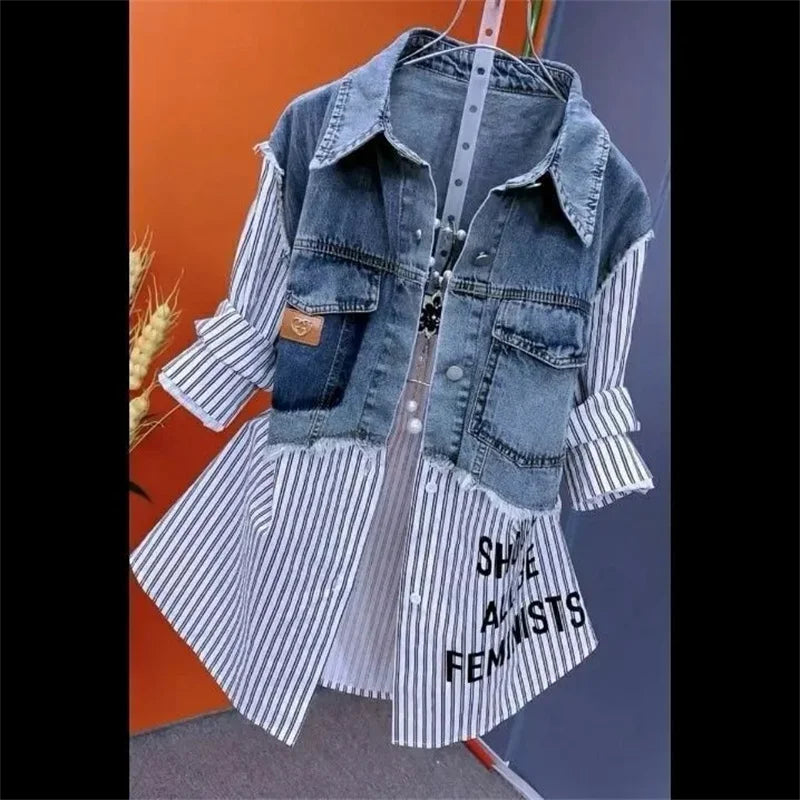 Women's denim jacket, fake two denim shirts, new spring-summer autumn 2025 collection, casual fashion, Joker stitching, striped tops, feminine coat