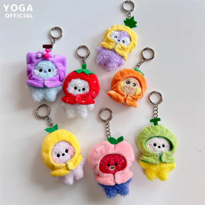 Anime BT21 Plush Pendant Cartoon Tata Koya Doll Keychain Cute Fruit Hood Series Key Chain Wholesale Girl Bag Pendant Gift