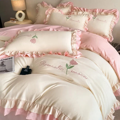 Elegance French Style Bedding Set Duvet Cover Set High Quality  2024 New Lace Princess Embroidery Double Layer Edge King Queen