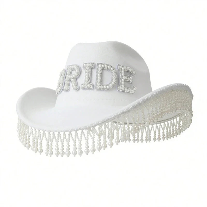 Cowgirl Hat for Bride Elegant Fringed Bead Hat Masquerade Party Letter Bride Hat Dropshipping