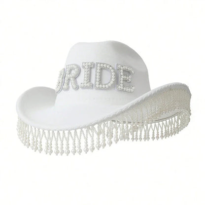 Cowgirl Hat for Bride Elegant Fringed Bead Hat Masquerade Party Letter Bride Hat Dropshipping