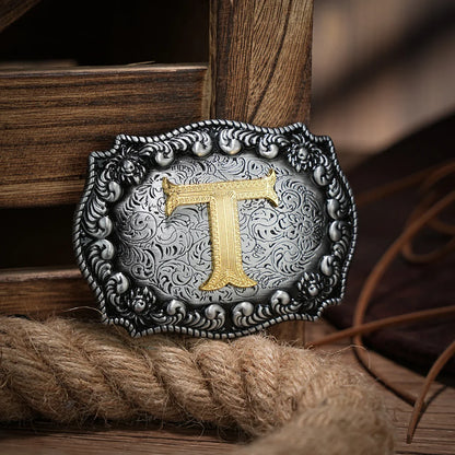 Western Belt Buckle Initial Letters ABCDEFG to Y-Cowboy Rodeo Silver Large Belt Buckle for Men Women