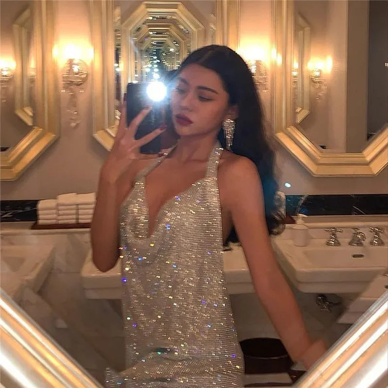 Robe de soirée sexy pour femme Bling Diamante, en cristal et strass, dos nu, pour festival, cocktail, soirée, rave.