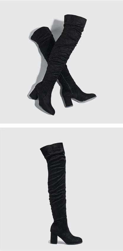 Bottes Noires Marron Cuissardes Liyke 2025 Automne Hiver Femme Sexy Bout Pointu Fermeture Éclair Chaussures Hautes Talon Carré Bottines Femme