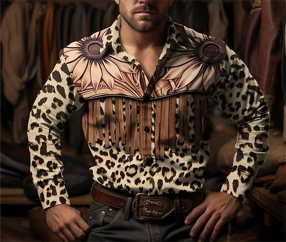 Western Cowboy Flower Printed Long Sleeve Shirt for Spring and Summer Comfortable Soft Fabric Party Men's Collar Shirt