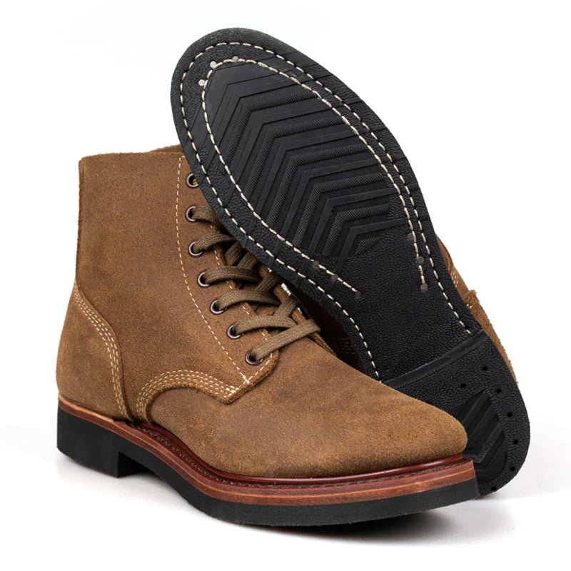 Bottes de Moto rétro en cuir de vache, montantes, durables, soudées Goodyear, chaussures de marche résistantes à l'usure pour hommes