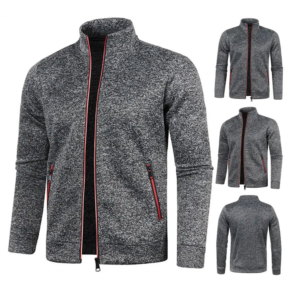 Stand Collar Long Sleeves Pockets Zipper Placket Sweatshirt Coat Men Spring Autumn Solid Color Plus Size Sport Outerwear
