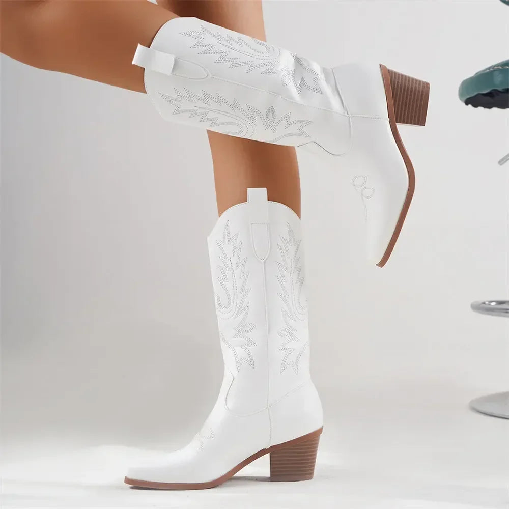 Bottes de cowboy blanches à talons hauts mi-mollet pour femmes, grande taille 43, de haute qualité, style vintage, style country et western